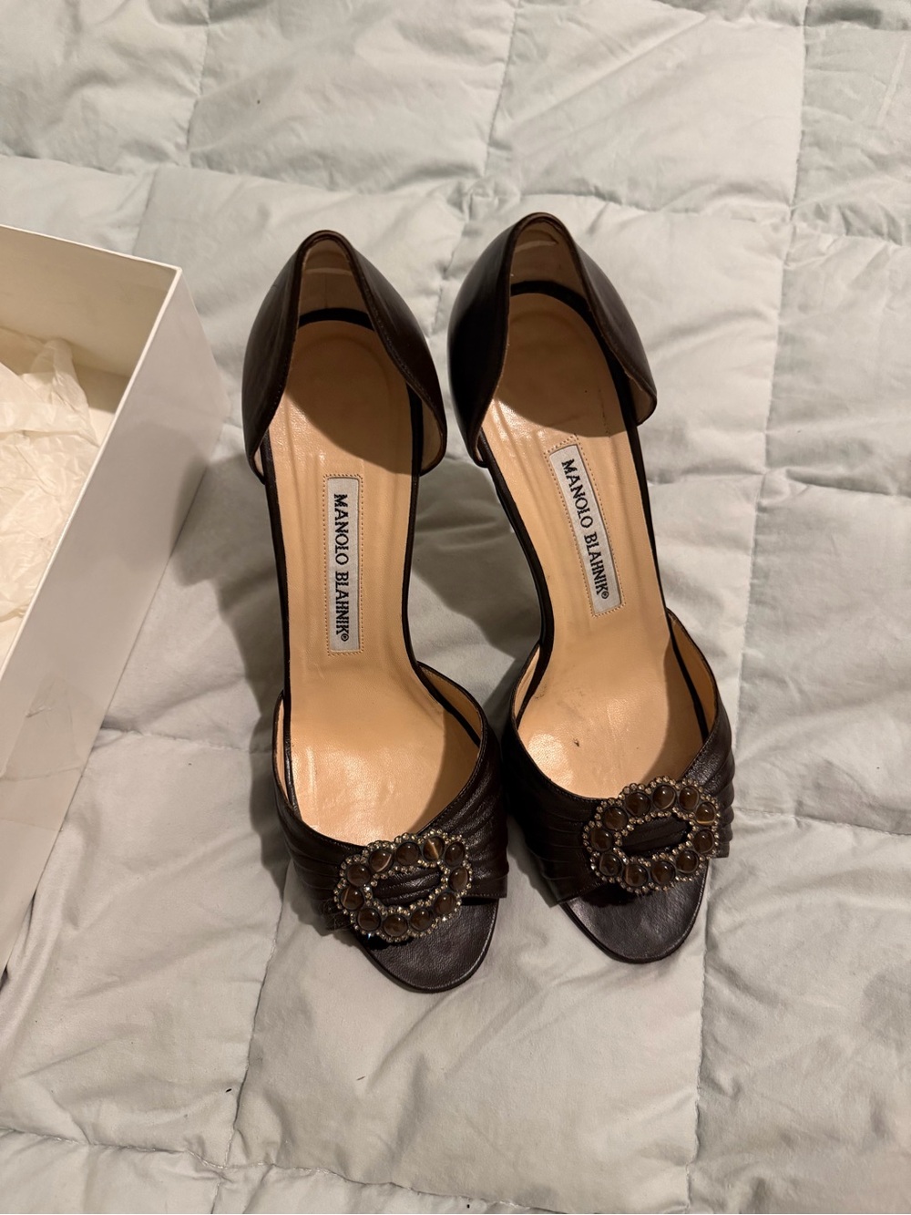 Manolo Blahnik Dark Brown Open-Toe Heels with jeweled buckles